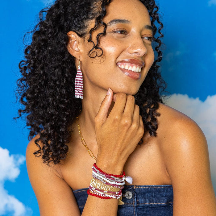 Lexie Game Day Horizontal Stripes Beaded Fringe Earrings Dark Red and White Fringe