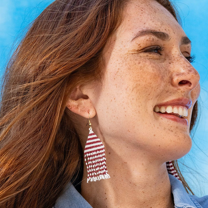 Lexie Game Day Horizontal Stripes Beaded Fringe Earrings Dark Red and White