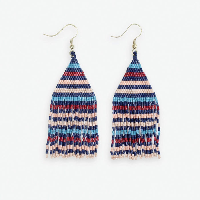 Lexie Horizontal Lines Beaded Fringe Earrings Navy + Silver SHORT FRINGE