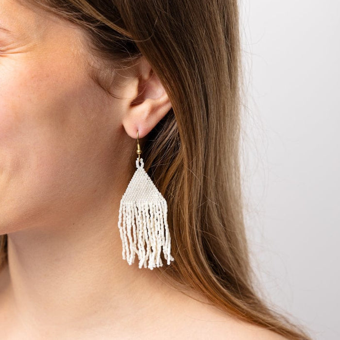 Lexie Solid Beaded Fringe Earrings Cream Fringe