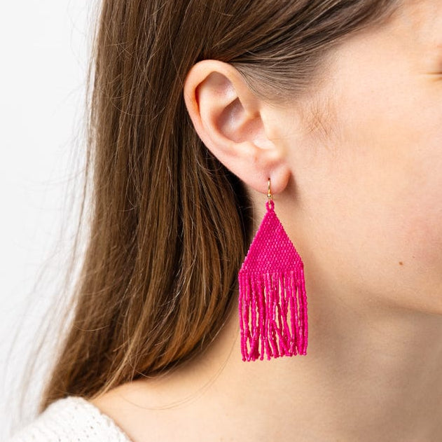 Lexie Solid Beaded Fringe Earrings Hot Pink Fringe
