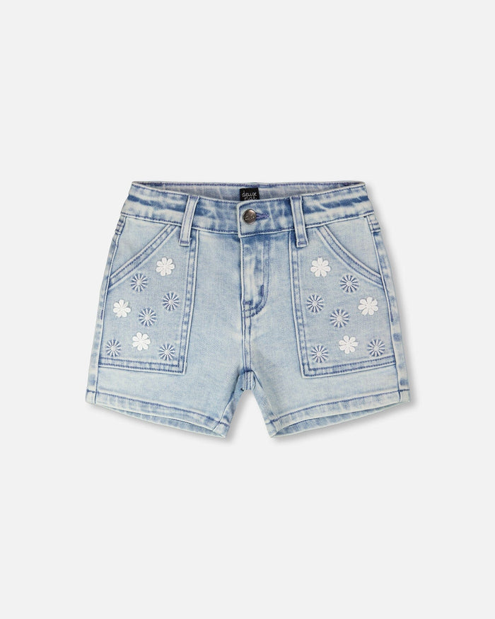 Light Blue Emb Flower Pocket Denim Shorts