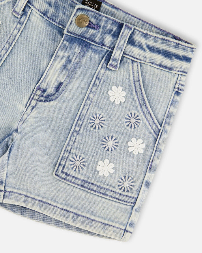 Light Blue Emb Flower Pocket Denim Shorts