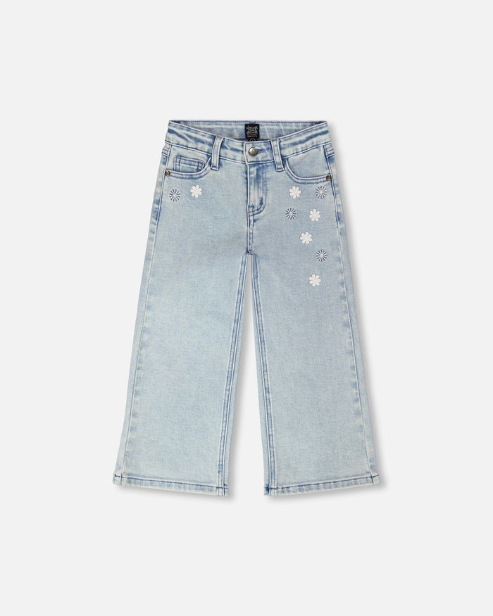 Light Blue Wide Leg Emb Flower Jeans