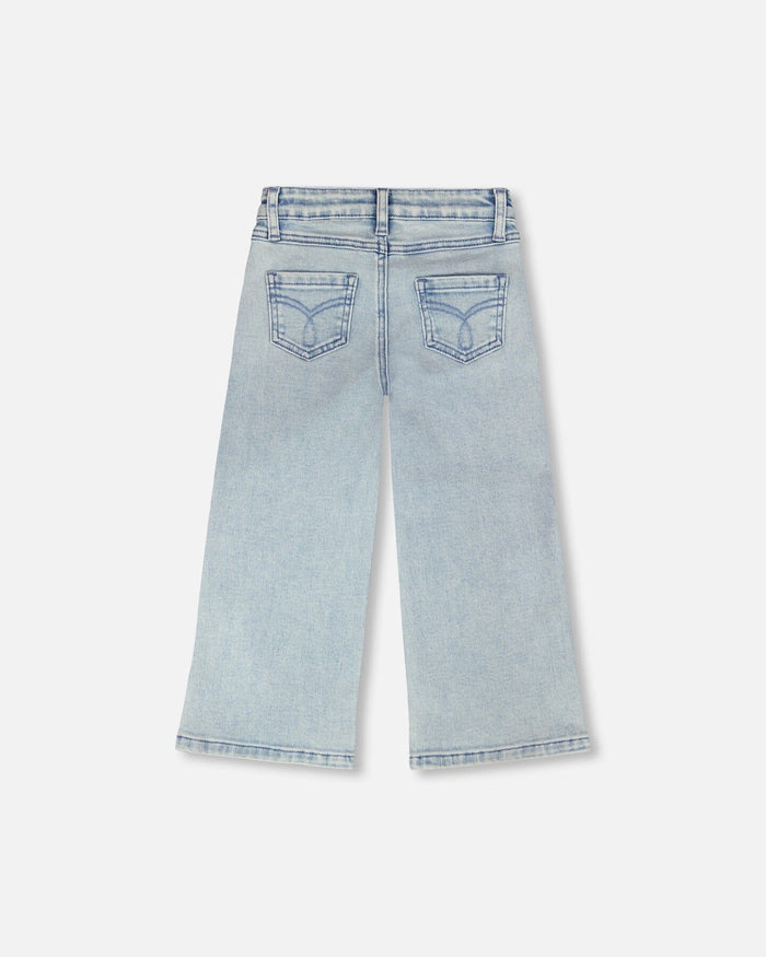 Light Blue Wide Leg Emb Flower Jeans