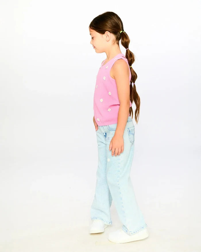 Light Blue Wide Leg Emb Flower Jeans
