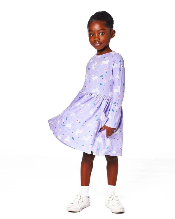 Lilac Unicorn Flowers Print Pocket Dress
