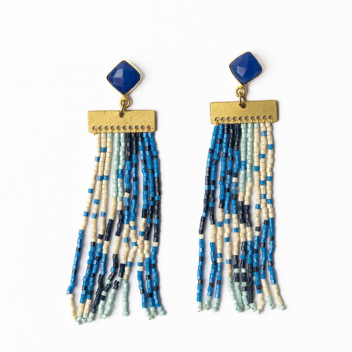 Lilah Semi-Precious Stone Post Beaded Fringe Earrings Blue Fringe