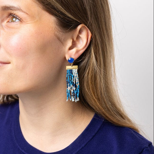 Lilah Semi-Precious Stone Post Beaded Fringe Earrings Blue Fringe