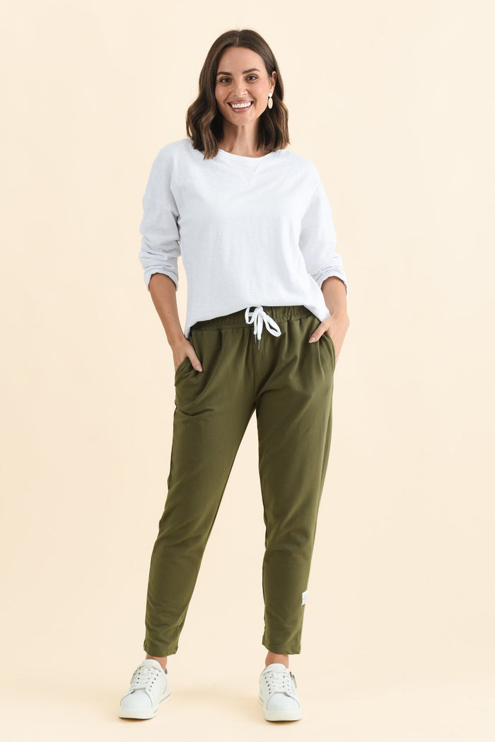 Lobby Khaki Cotton Relaxed Sweatpants,Brunette model,alt text|model:MJ