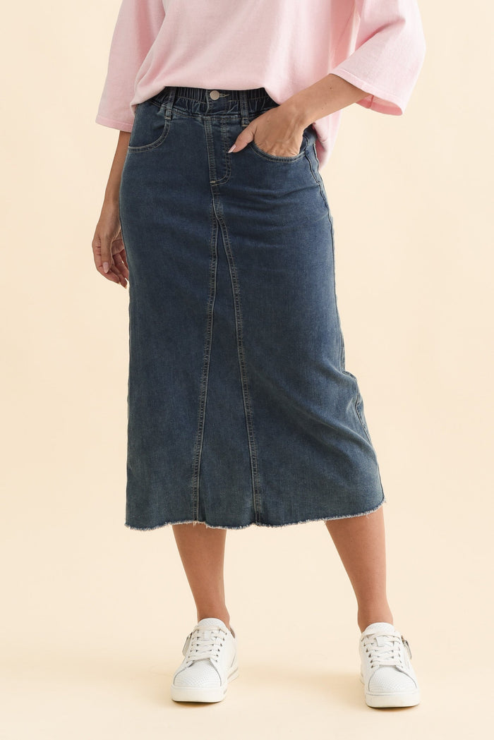 Lusia Dark Blue Denim Tie Skirt,Brunette model,alt text|model:MJ