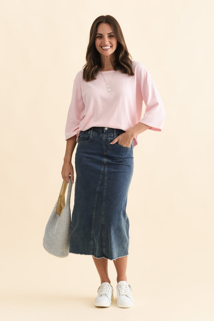 Lusia Dark Blue Denim Tie Skirt,Brunette model,alt text|model:MJ