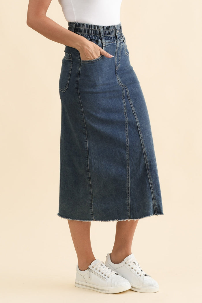Lusia Dark Blue Denim Tie Skirt,Brunette model,alt text|model:MJ