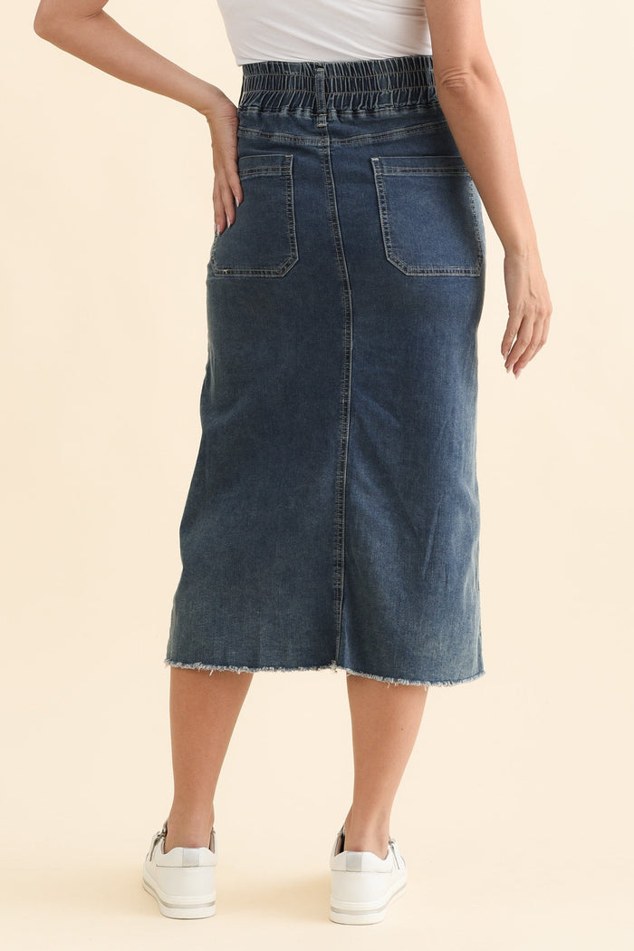 Lusia Dark Blue Denim Tie Skirt,Brunette model,alt text|model:MJ