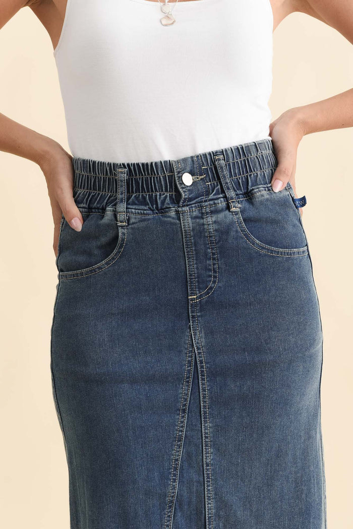 Lusia Dark Blue Denim Tie Skirt,Brunette model,alt text|model:MJ