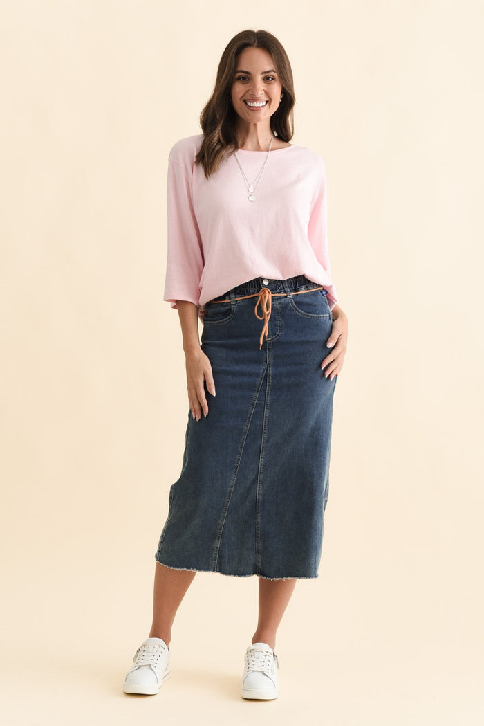 Lusia Dark Blue Denim Tie Skirt,Brunette model,alt text|model:MJ