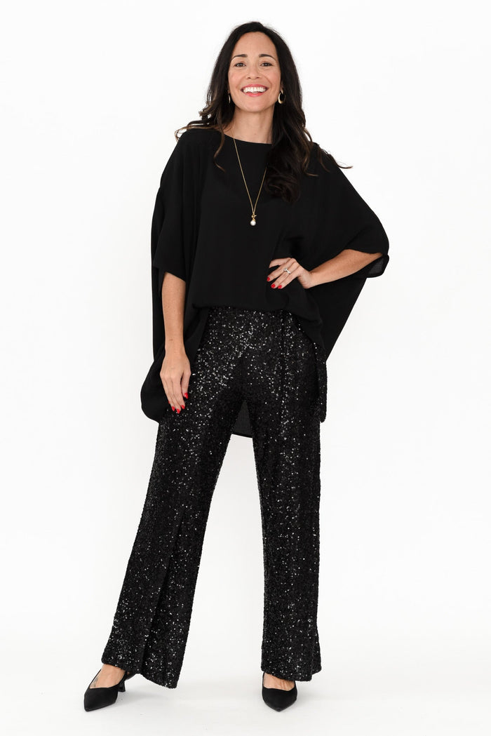 Mae Black Sequin Wrap Pants,Brunette model,alt text|model:Nicole