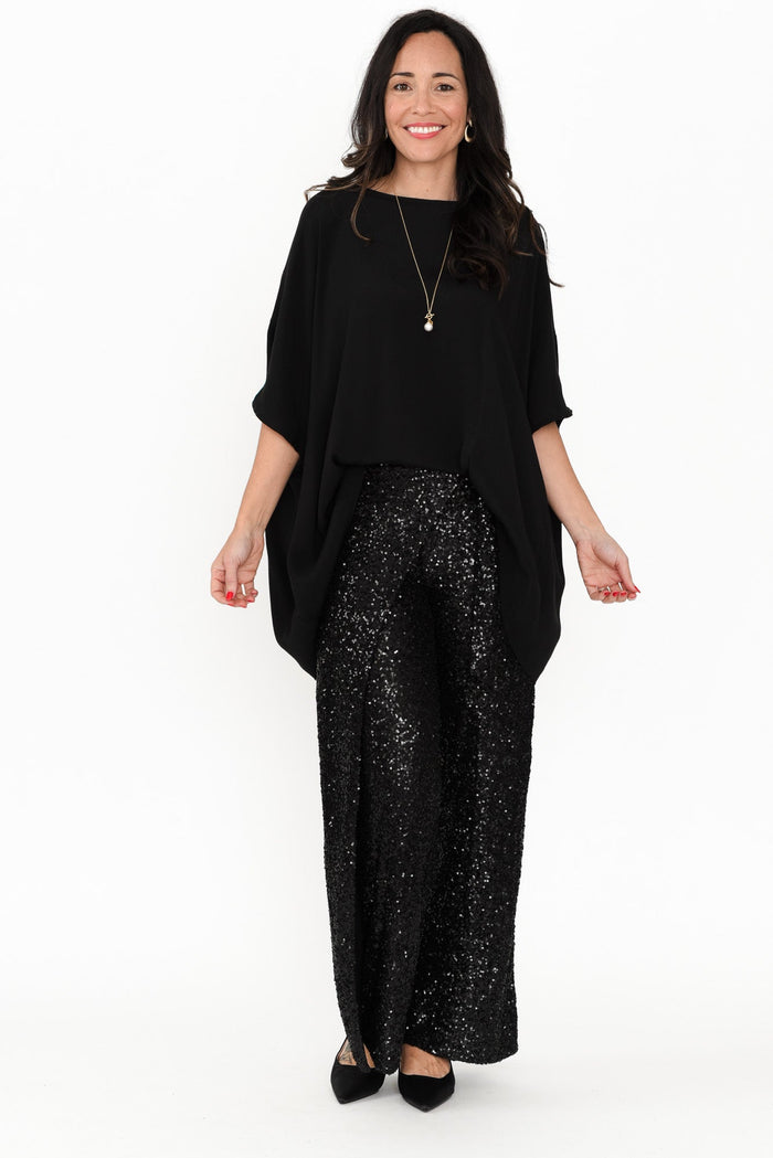 Mae Black Sequin Wrap Pants,Brunette model,alt text|model:Nicole