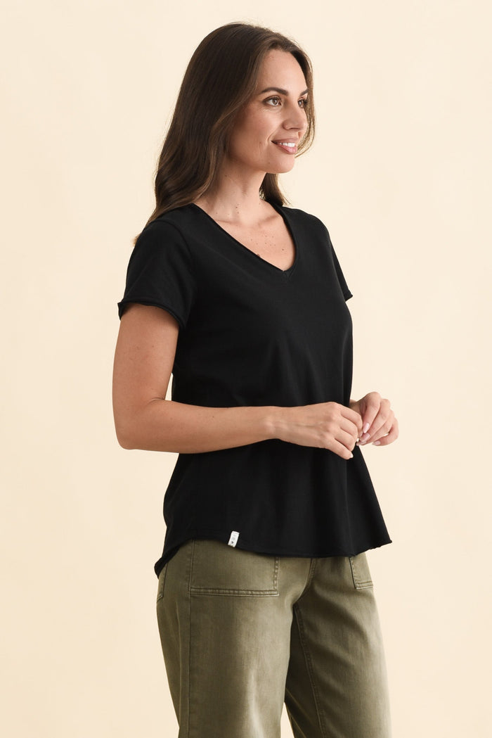 Maggie Black Cotton Vee Tee,Brunette model,alt text|model:MJ