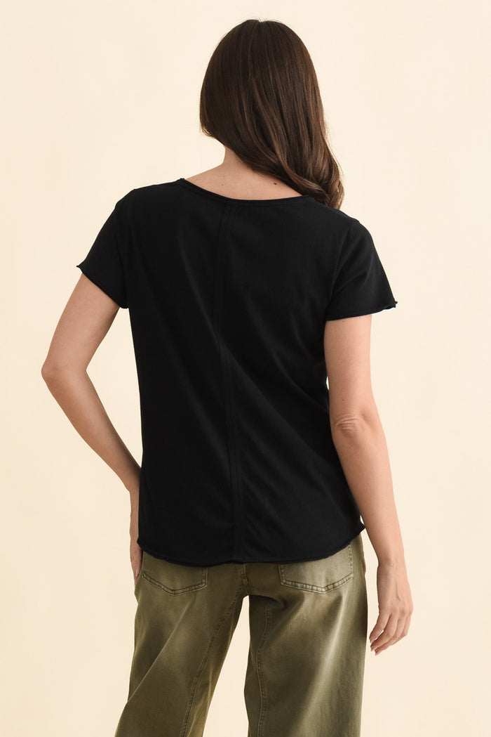 Maggie Black Cotton Vee Tee,Brunette model,alt text|model:MJ