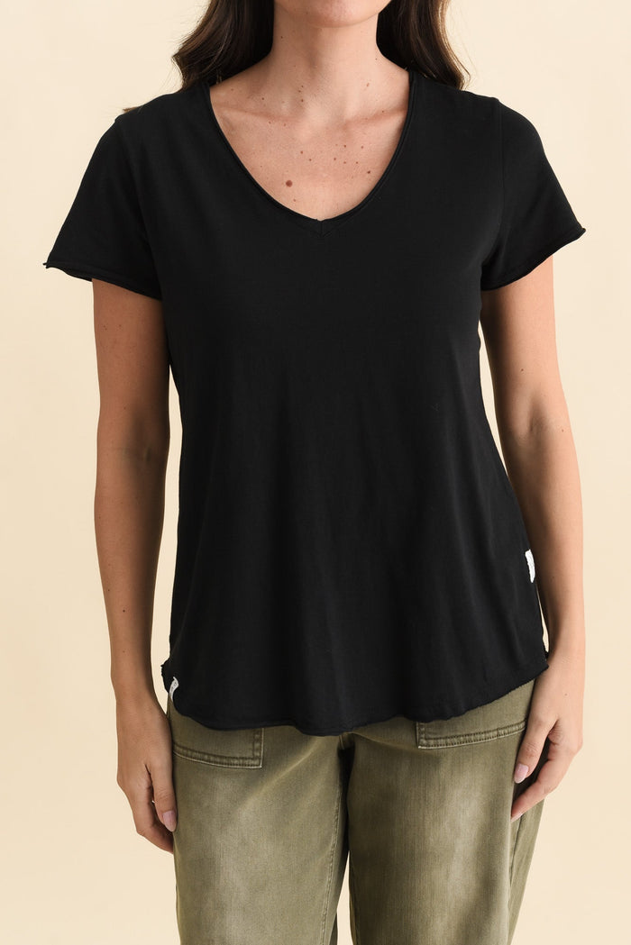 Maggie Black Cotton Vee Tee,Brunette model,alt text|model:MJ
