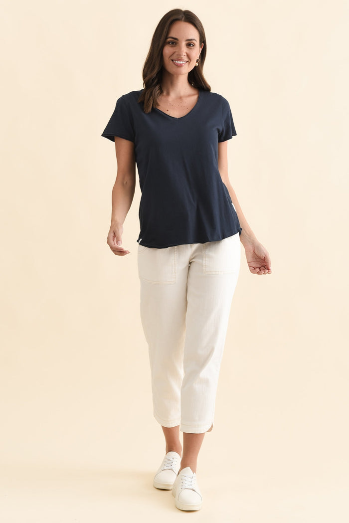 Maggie Navy Cotton Vee Tee,Brunette model,alt text|model:MJ