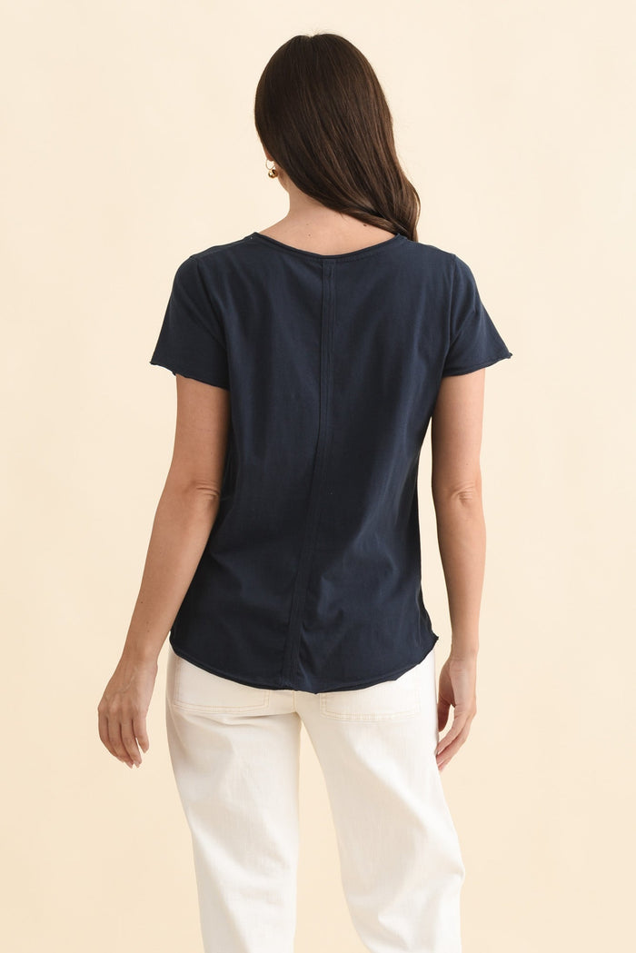 Maggie Navy Cotton Vee Tee,Brunette model,alt text|model:MJ