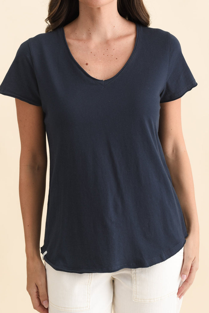 Maggie Navy Cotton Vee Tee,Brunette model,alt text|model:MJ