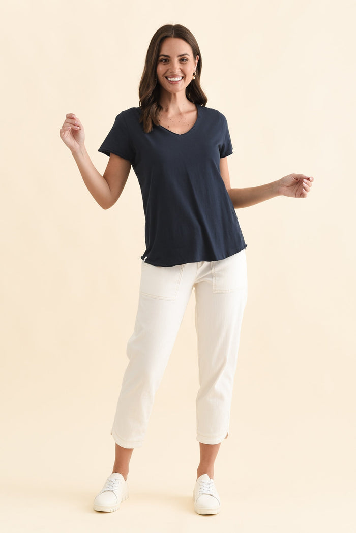 Maggie Navy Cotton Vee Tee,Brunette model,alt text|model:MJ
