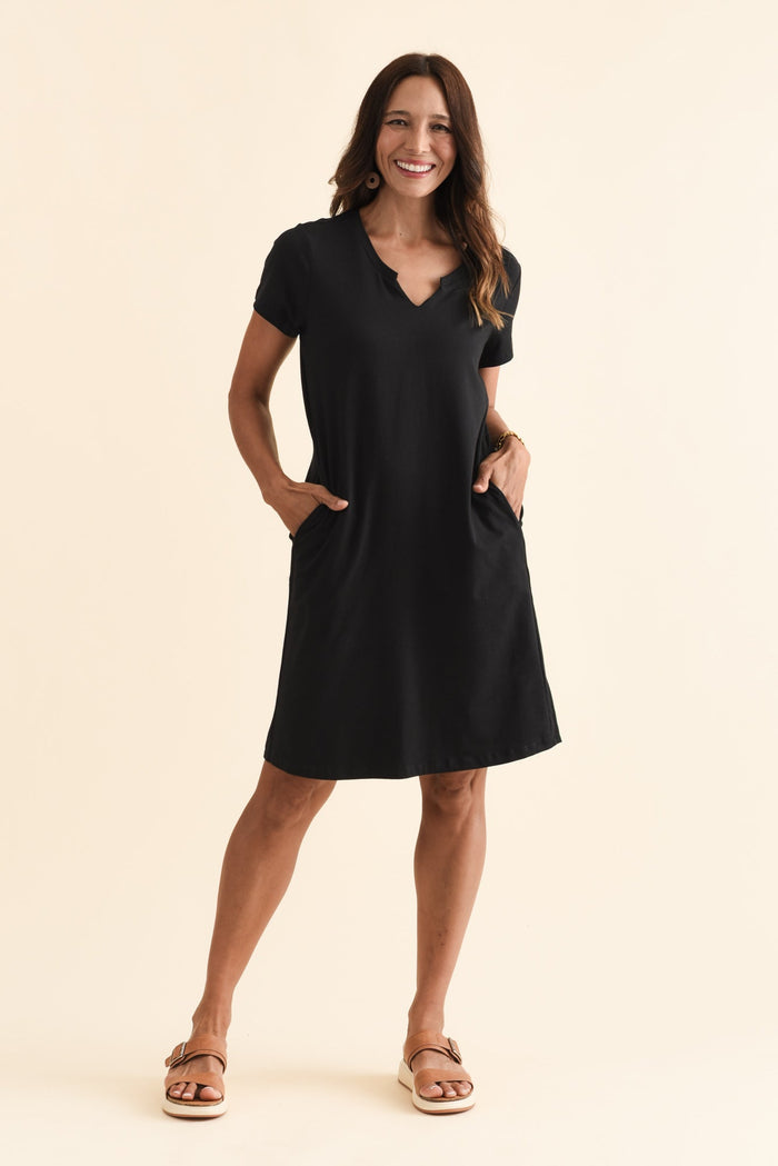 Mandy Black Cotton Tee Dress,Brunette model,alt text|model:Cara
