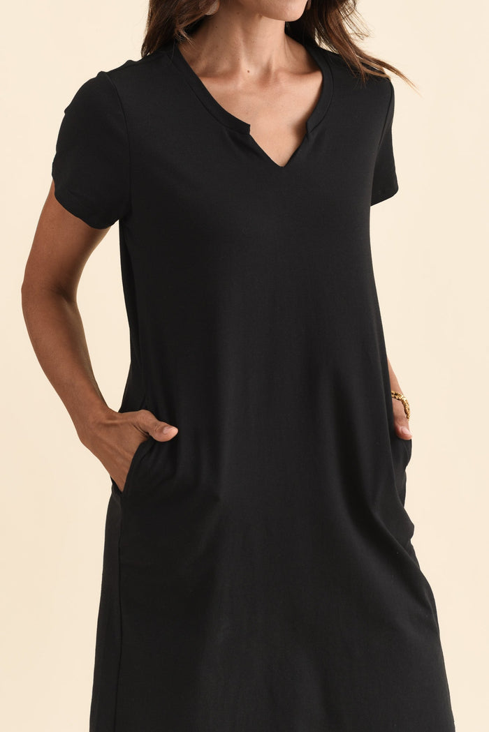 Mandy Black Cotton Tee Dress,Brunette model,alt text|model:Cara