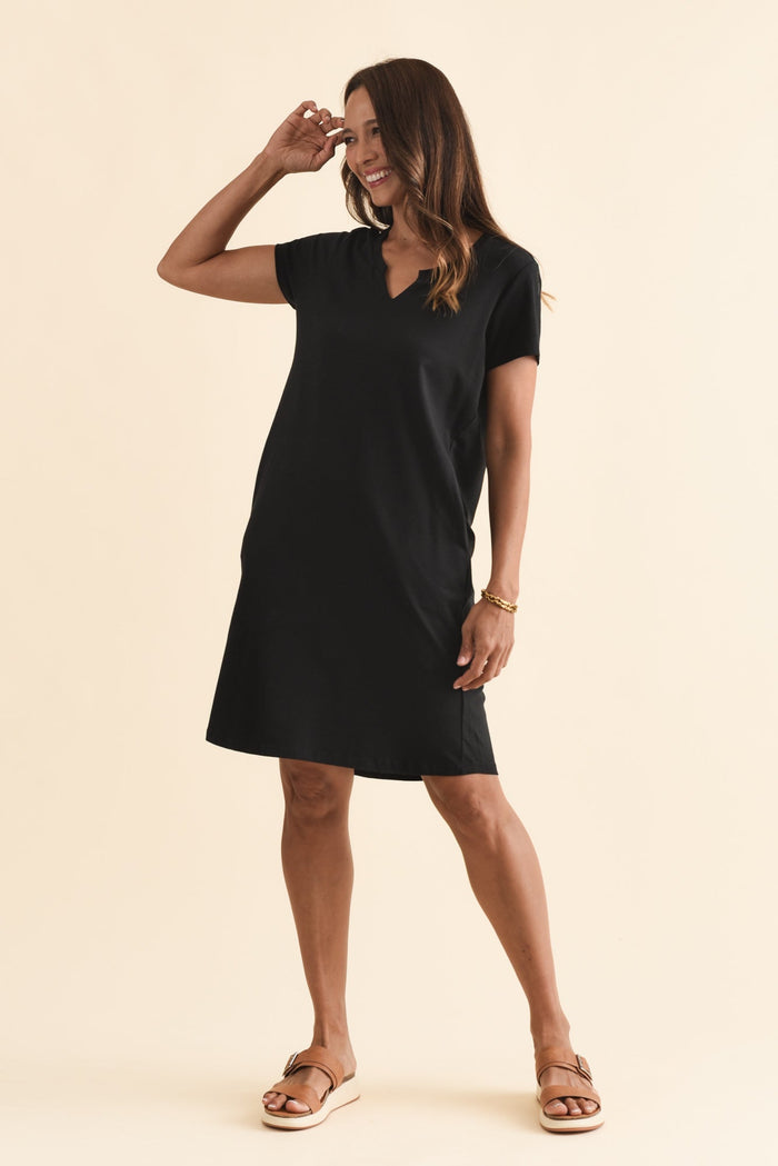 Mandy Black Cotton Tee Dress,Brunette model,alt text|model:Cara