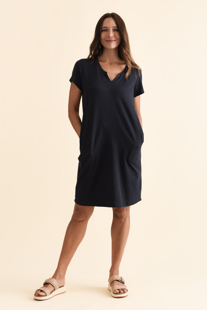 Mandy Navy Cotton Tee Dress,Brunette model,alt text|model:Cara