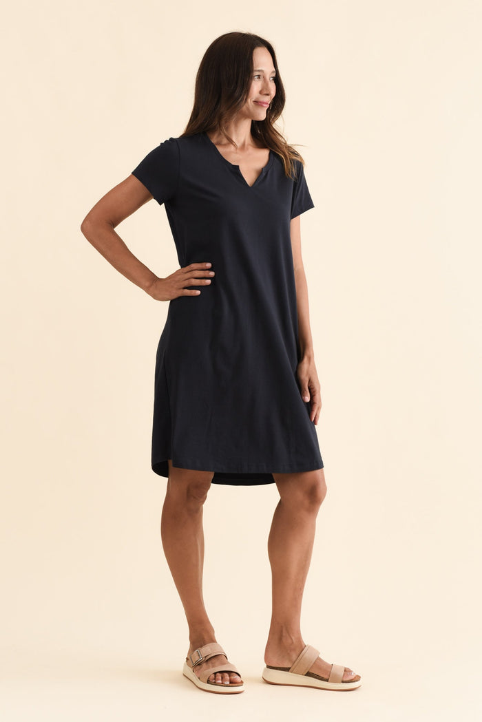 Mandy Navy Cotton Tee Dress,Brunette model,alt text|model:Cara