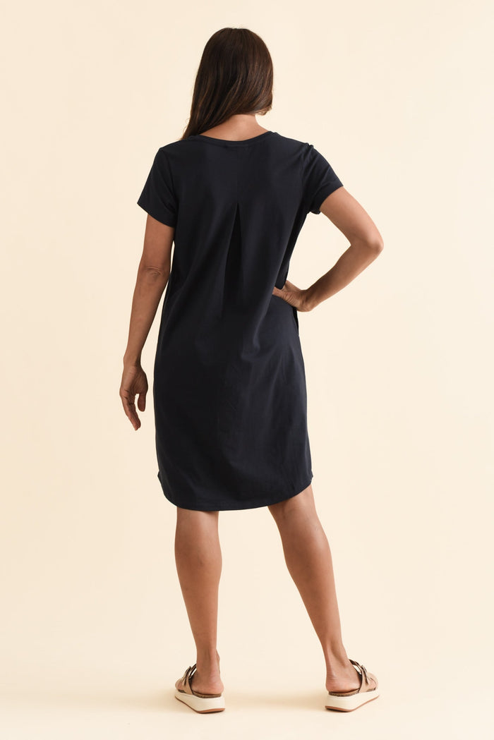 Mandy Navy Cotton Tee Dress,Brunette model,alt text|model:Cara