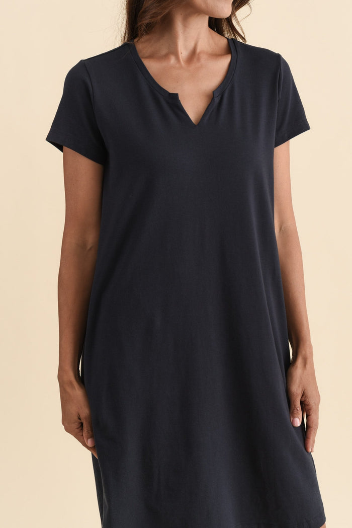 Mandy Navy Cotton Tee Dress,Brunette model,alt text|model:Cara