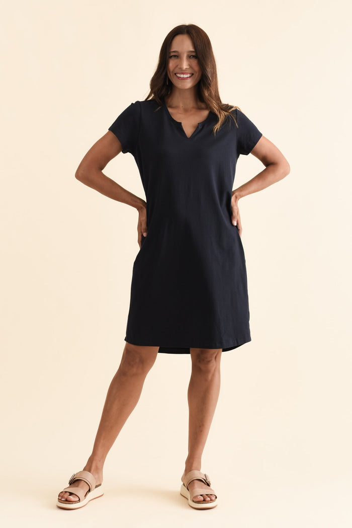 Mandy Navy Cotton Tee Dress,Brunette model,alt text|model:Cara