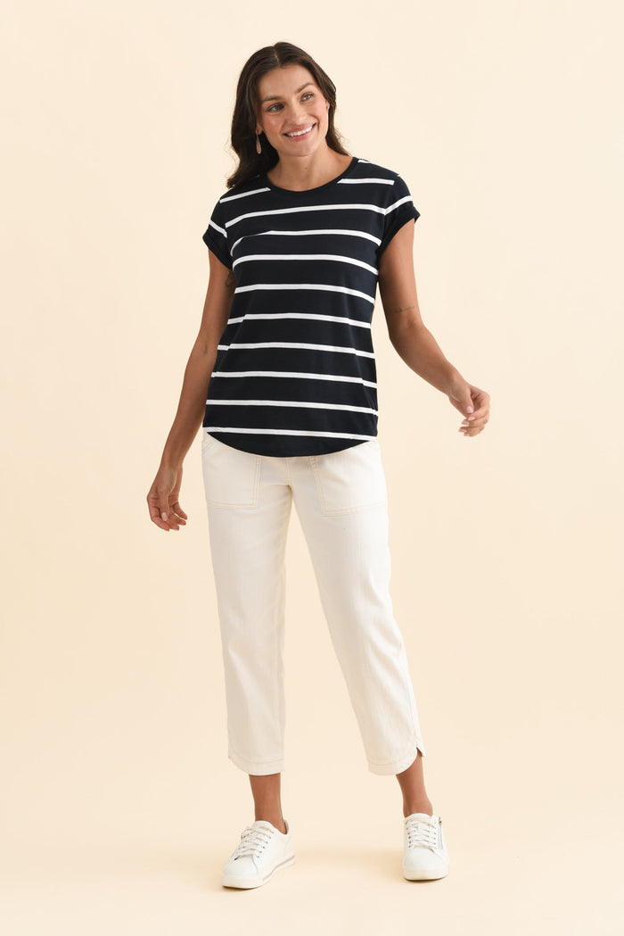 Manly Navy Stripe Cotton Tee,Brunette model,alt text|model:Brontie