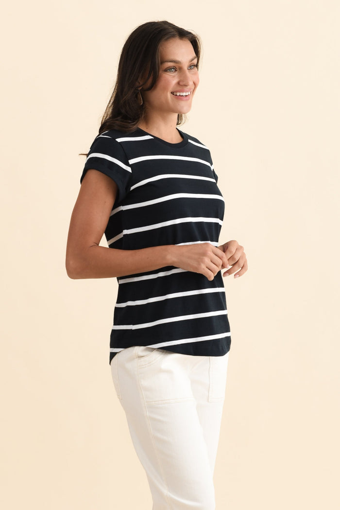 Manly Navy Stripe Cotton Tee,Brunette model,alt text|model:Brontie