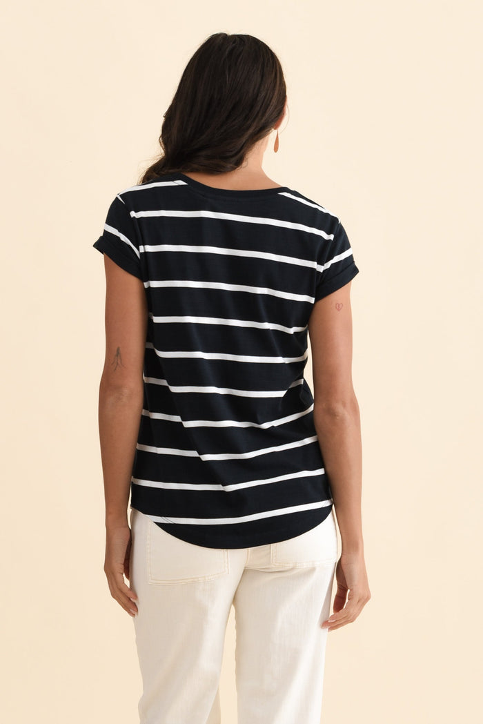 Manly Navy Stripe Cotton Tee,Brunette model,alt text|model:Brontie