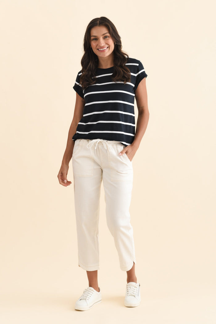 Manly Navy Stripe Cotton Tee,Brunette model,alt text|model:Brontie