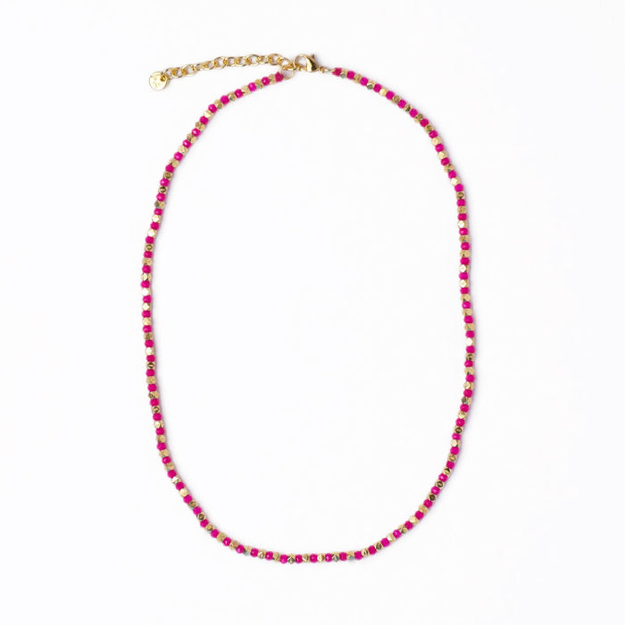 Maren Crystal Necklace With Alternating Brass Beads Hot Pink + Gold Single Strand