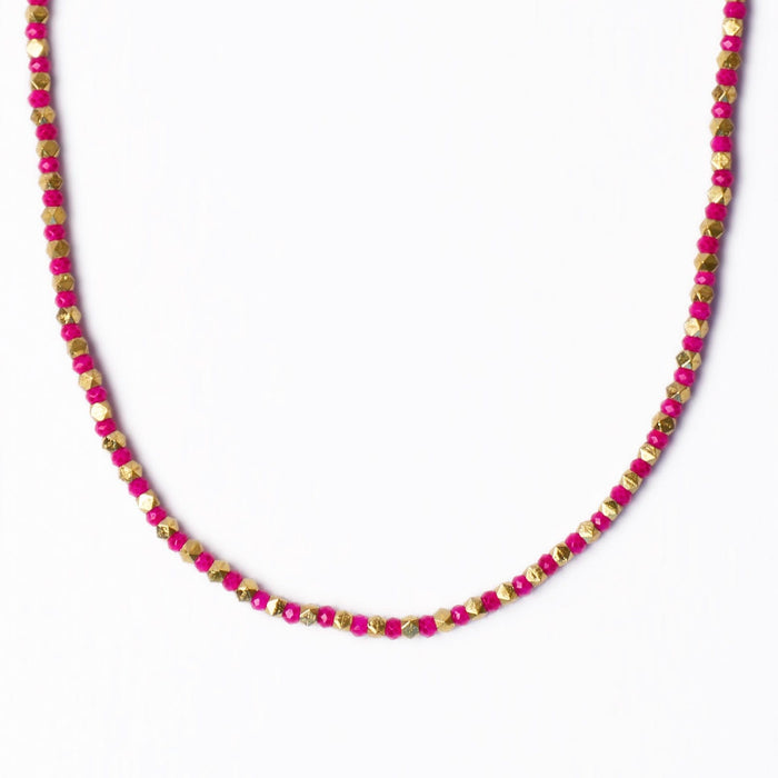 Maren Crystal Necklace With Alternating Brass Beads Hot Pink + Gold Single Strand