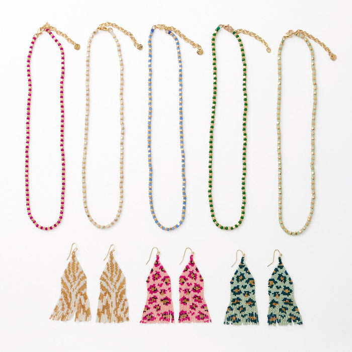 Maren Crystal Necklace With Alternating Brass Beads Hot Pink + Gold Single Strand