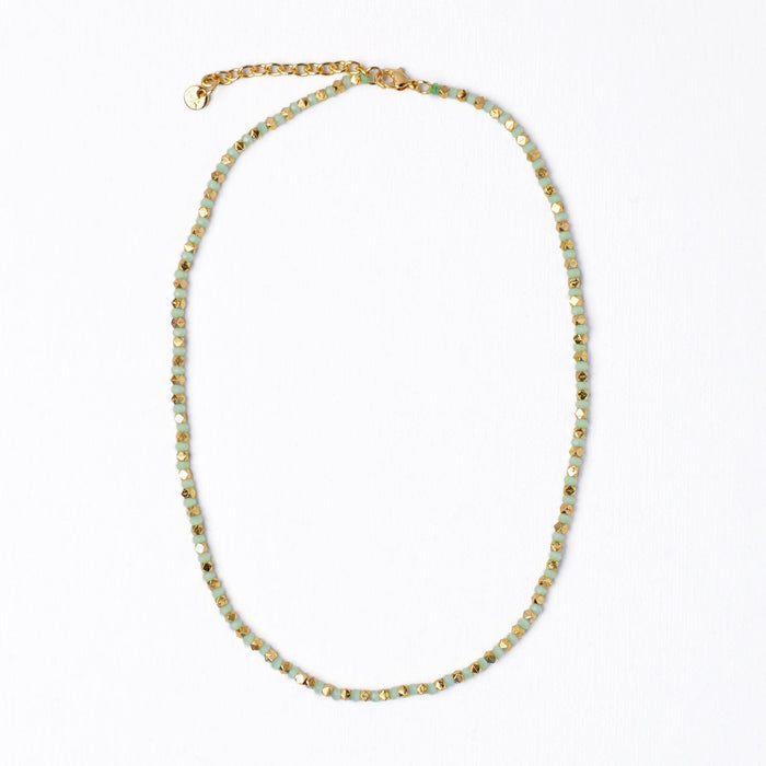 Maren Crystal Necklace With Alternating Brass Beads Mint + Gold Single Strand