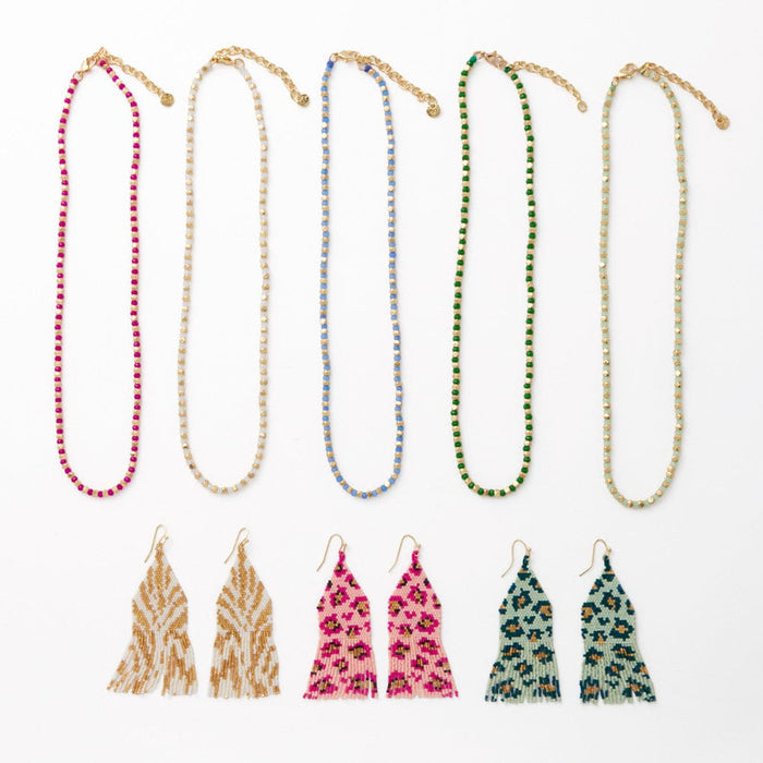 Maren Crystal Necklace With Alternating Brass Beads Mint + Gold Single Strand