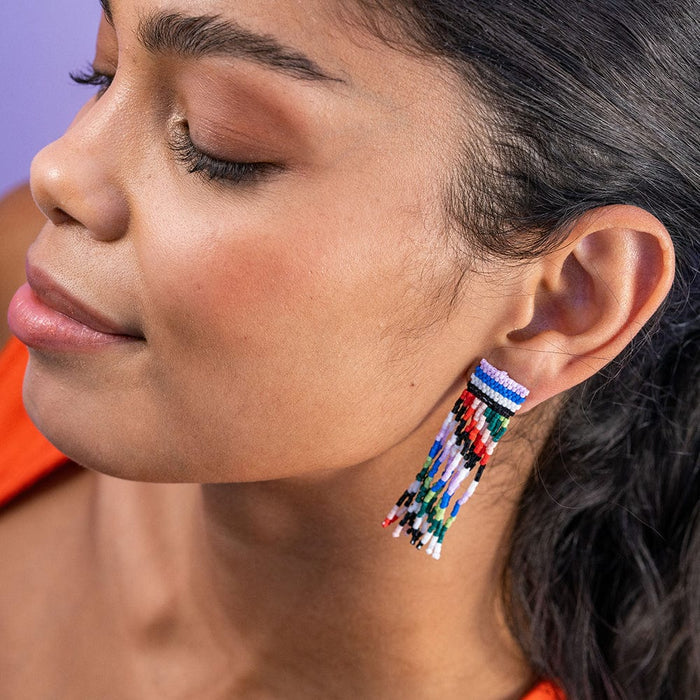 Marilyn Diagonal Stripes Beaded Fringe Earrings Rio
