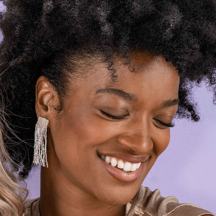 Marilyn Solid Beaded Fringe Earring Silver SHORT FRINGE