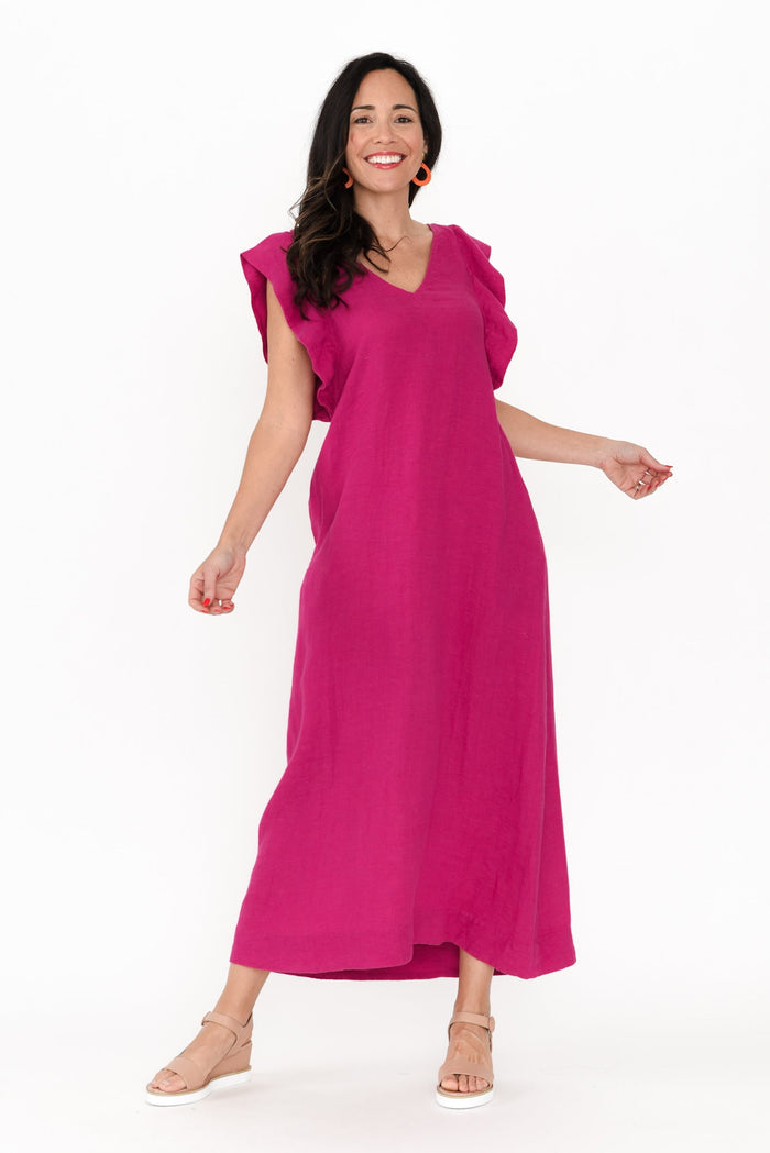 Matilda Hot Pink Pink Linen Dress,Brunette model,alt text|model:Nicole