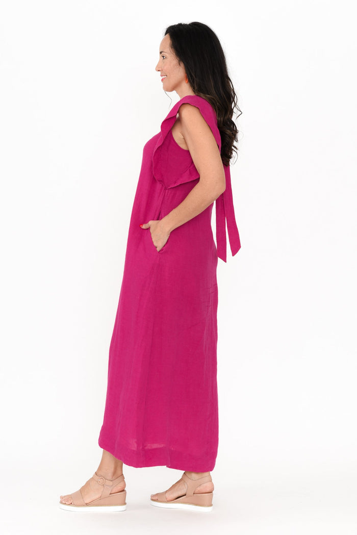 Matilda Hot Pink Pink Linen Dress,Brunette model,alt text|model:Nicole